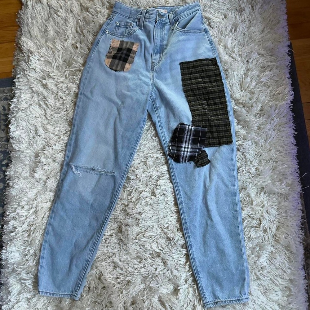 Levis Premium High Loose Taper Plaid Patchwork High Rise Mom Jeans Womens 25